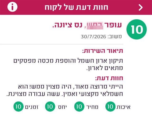 חוות דעת, עופר מנס ציונה, ציון 10: הייתי מרוצה מאוד, היה מצוין ממש! הוא חשמלאי מקצועי ואמין. עשה עבודה מצוינת.