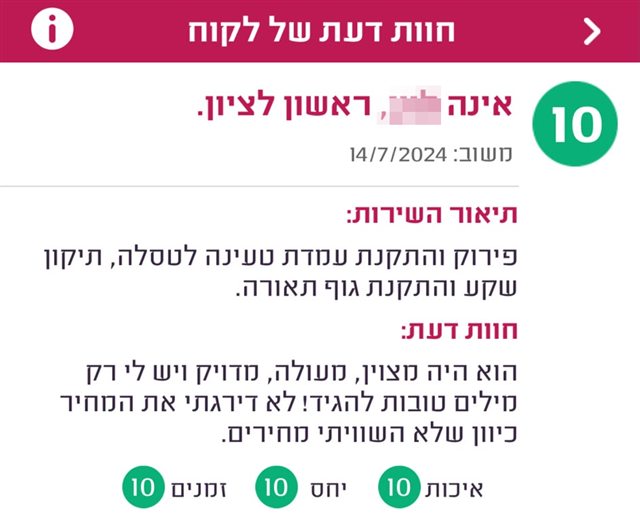 חוות דעת, אינה מראשון לציון, ציון 10, על התקנת עמדת טעינה לטסלה: הוא היה מצוין, מעולה, מדויק ויש לי רק מילים טובות להגיד.