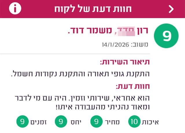 חוות דעת, רון ממשמר דוד, ציון 9: הוא אחראי, שירותי וזמין. היה עם מי לדבר ומאוד נהניתי מהעבודה איתו.