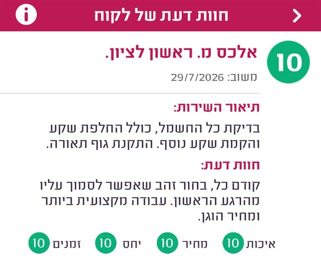 חוות דעת, אלכס מראשון לציון, ציון 10: קודם כל, בחור זהב שאפשר לסמוך עליו מהרגע הראשון. עבודה מקצועית ביותר ומחיר הוגן.