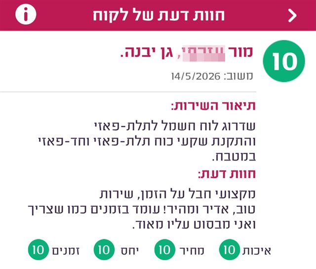 חוות דעת, מור מגן יבנה, ציון 10: מקצועי חבל על הזמן, שירות טוב, אדיר ומהיר! עומד בזמנים כמו שצריך ואני מבסוט עליו מאוד.