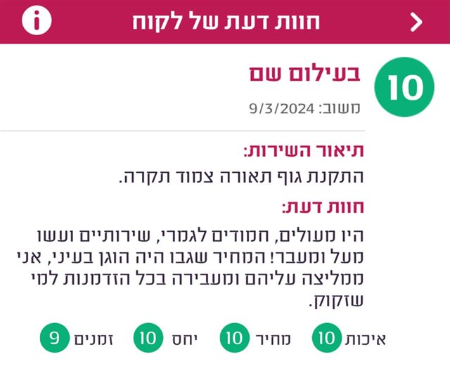 חוות דעת בעילום שם, ציון 10: היו מעולים, חמודים לגמרי, שירותיים ועשו מעל ומעבר! המחיר שגבו היה הוגן בעיני, אני ממליצה עליהם ומעבירה בכל הזדמנות למי שזקוק.