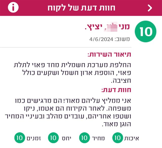 חוות דעת, מני מיציץ, ציון 10, על מעבר מחד־פאזי לתלת־פאזי: אני ממליץ עליהם מאוד! הם מרגישים כמו משפחה. לאחר הקידוח הם אטמו, ניקו ושטפו אחריהם, עובדים מהלב ובעיניי המחיר הוגן מאוד.